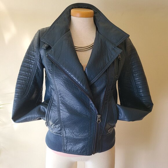 Guess Vegan Leather Blue Moto Jacket - Picture 2 of 13